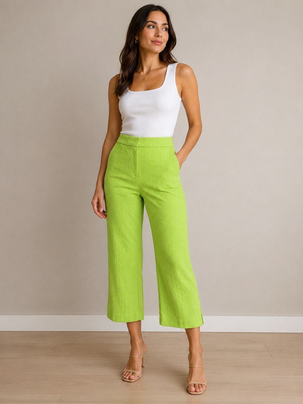 NWT Trina Turk Lime Green Textured Jacquard Cropped Straight Leg Pants Size 2